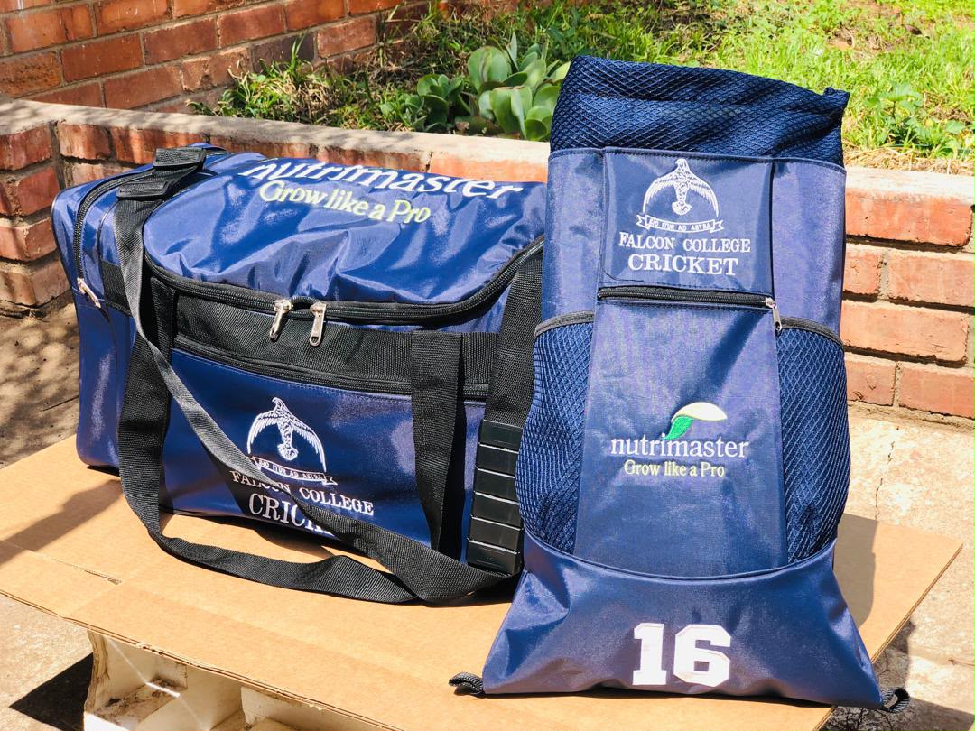 Navy Falcon College cricket duffel and drawstring bag with custom branding