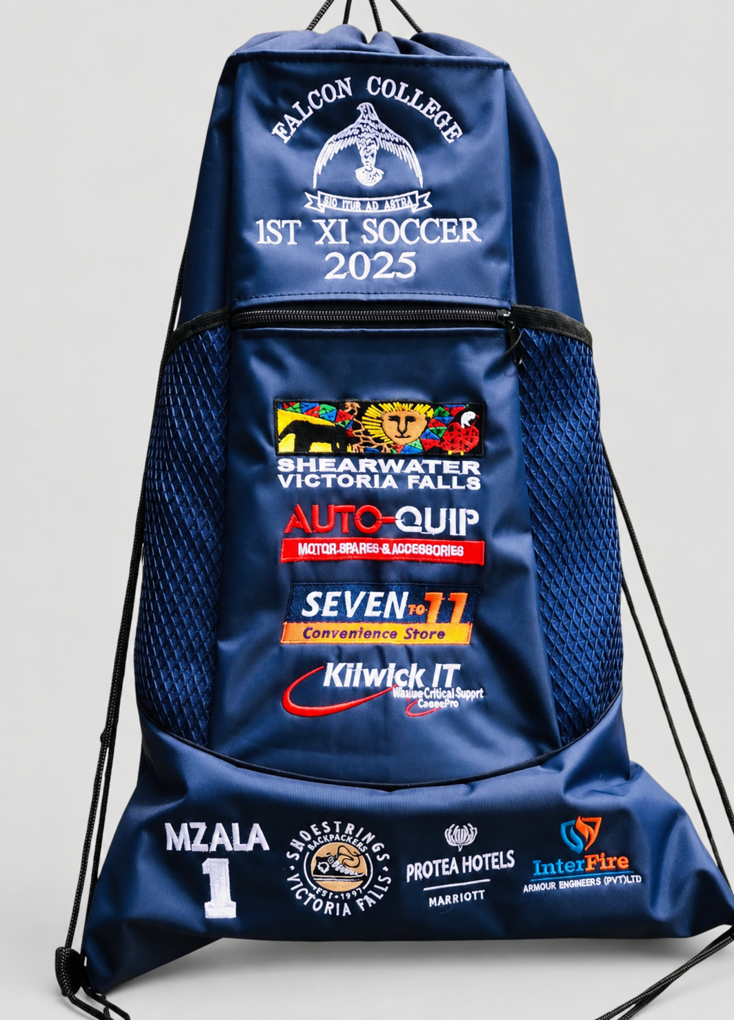 Detail of tournament bag embroidery and sponsor branding