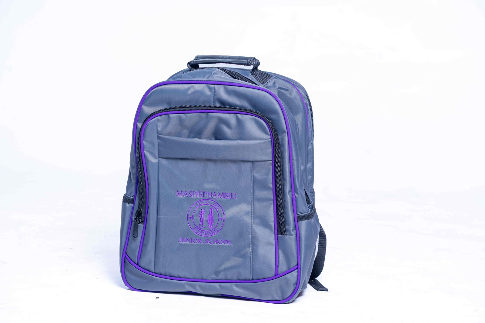 Grey Masiyephambili Junior School backpack with purple trim and embroidery