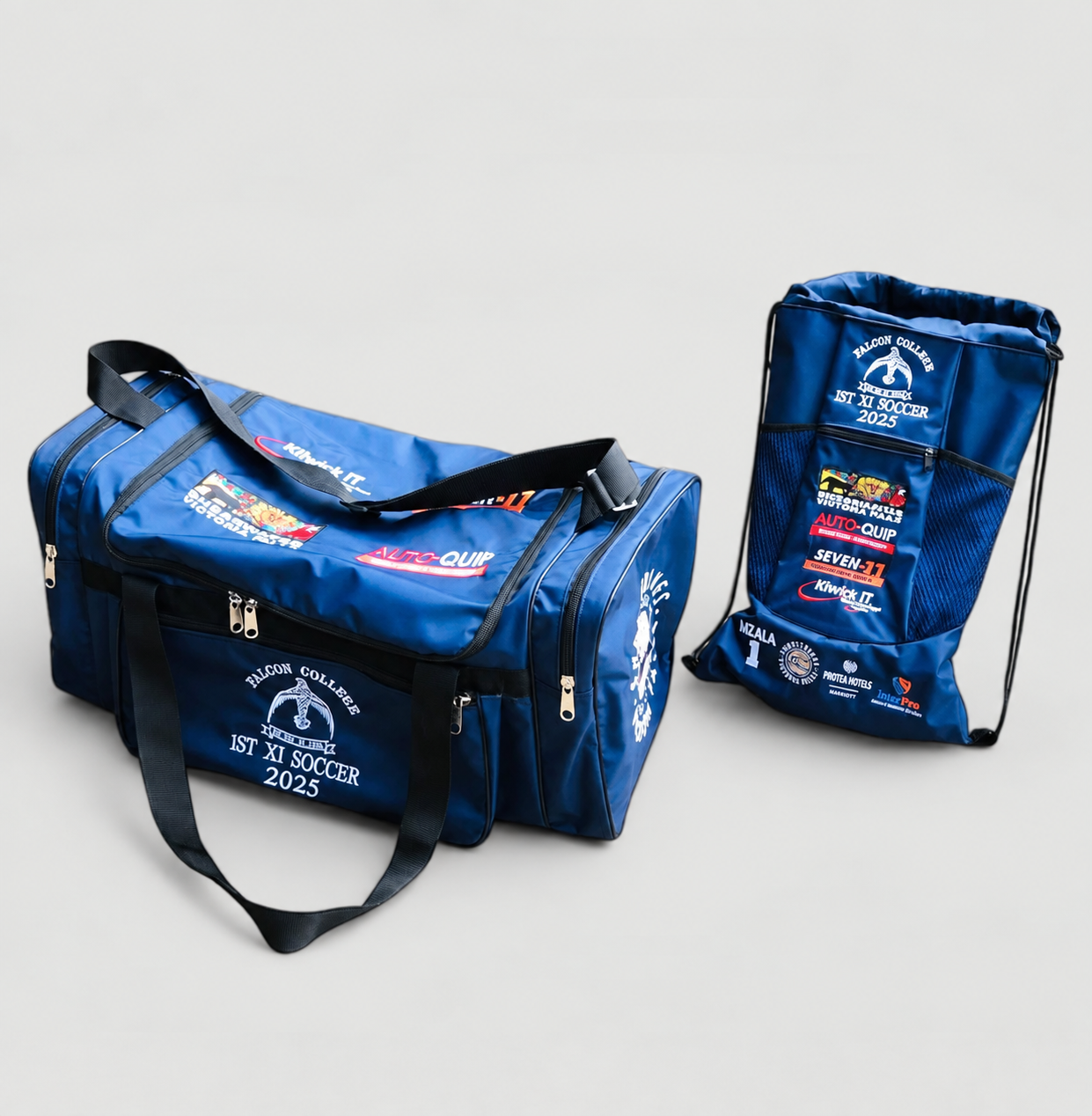 Custom embroidered Falcon College tournament duffel and drawstring bag